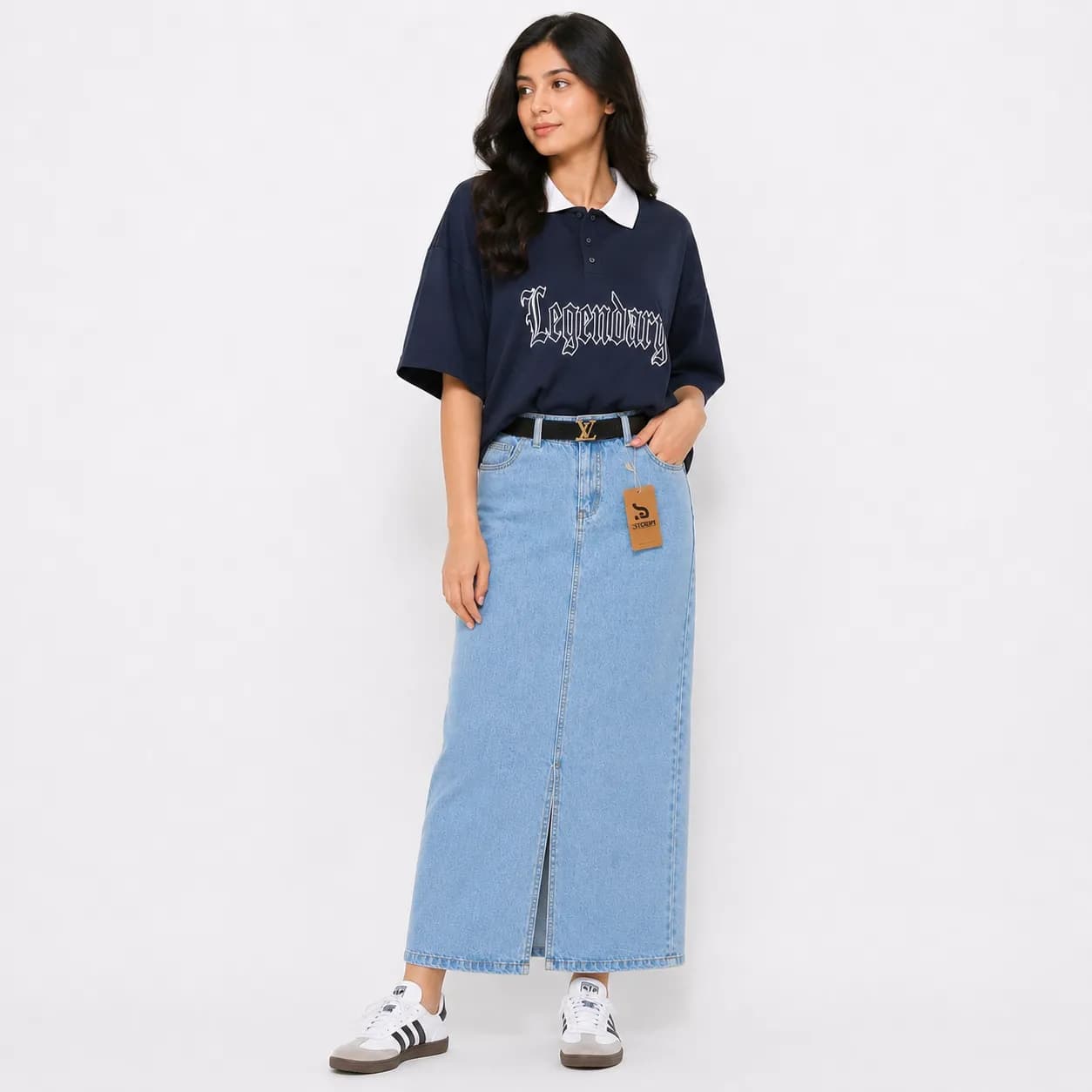 High Waist Simple Bottom Slit Denim Skirt