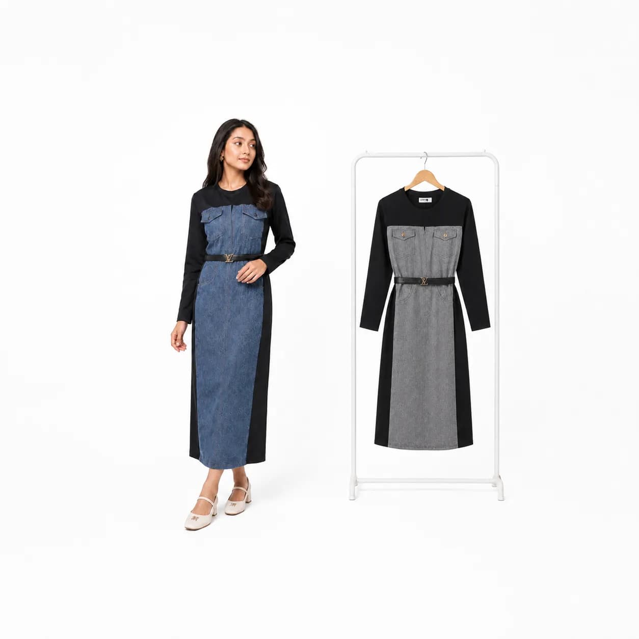 Denim Grace Belted Maxi Dress for Women