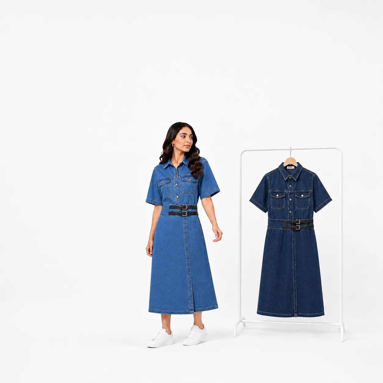 Signature Belted Denim Midi Dress