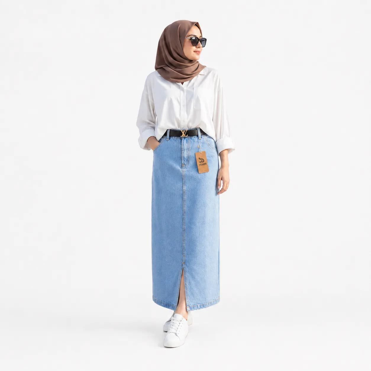 High Waist Simple Bottom Slit Denim Skirt Light Blue