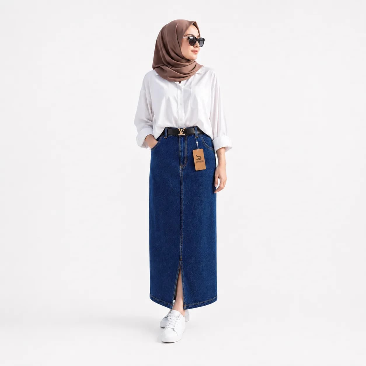 High Waist Simple Bottom Slit Denim Skirt Deep Blue